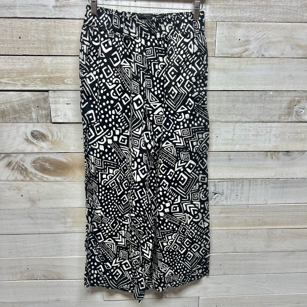 Tahari Wide Leg Linen Pants Womens Medium Black White Elastic Waist Pockets